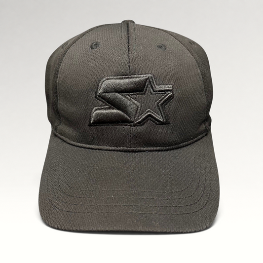 Raree Finds black Starter strapback hat with tonal embroidered logo and structured polyester construction