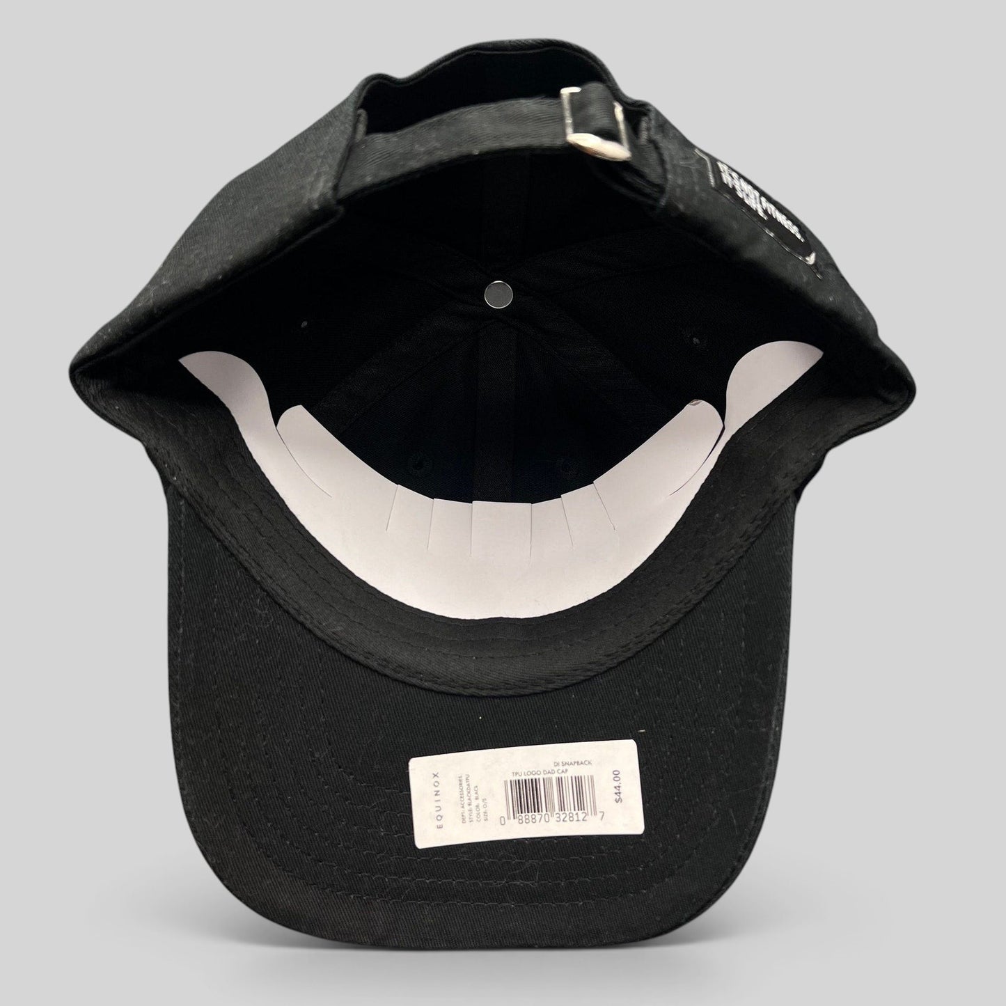 Raree Finds black cotton blend strapback cap with adjustable metal buckle closure, interior view