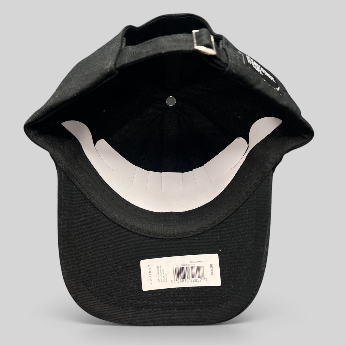 Raree Finds black cotton blend strapback cap with adjustable metal buckle closure, interior view