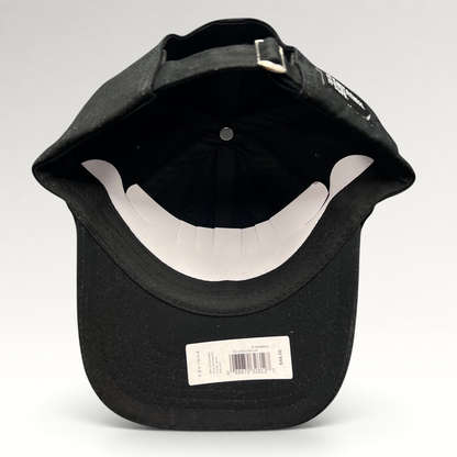 Raree Finds black cotton blend strapback cap with adjustable metal buckle closure, interior view