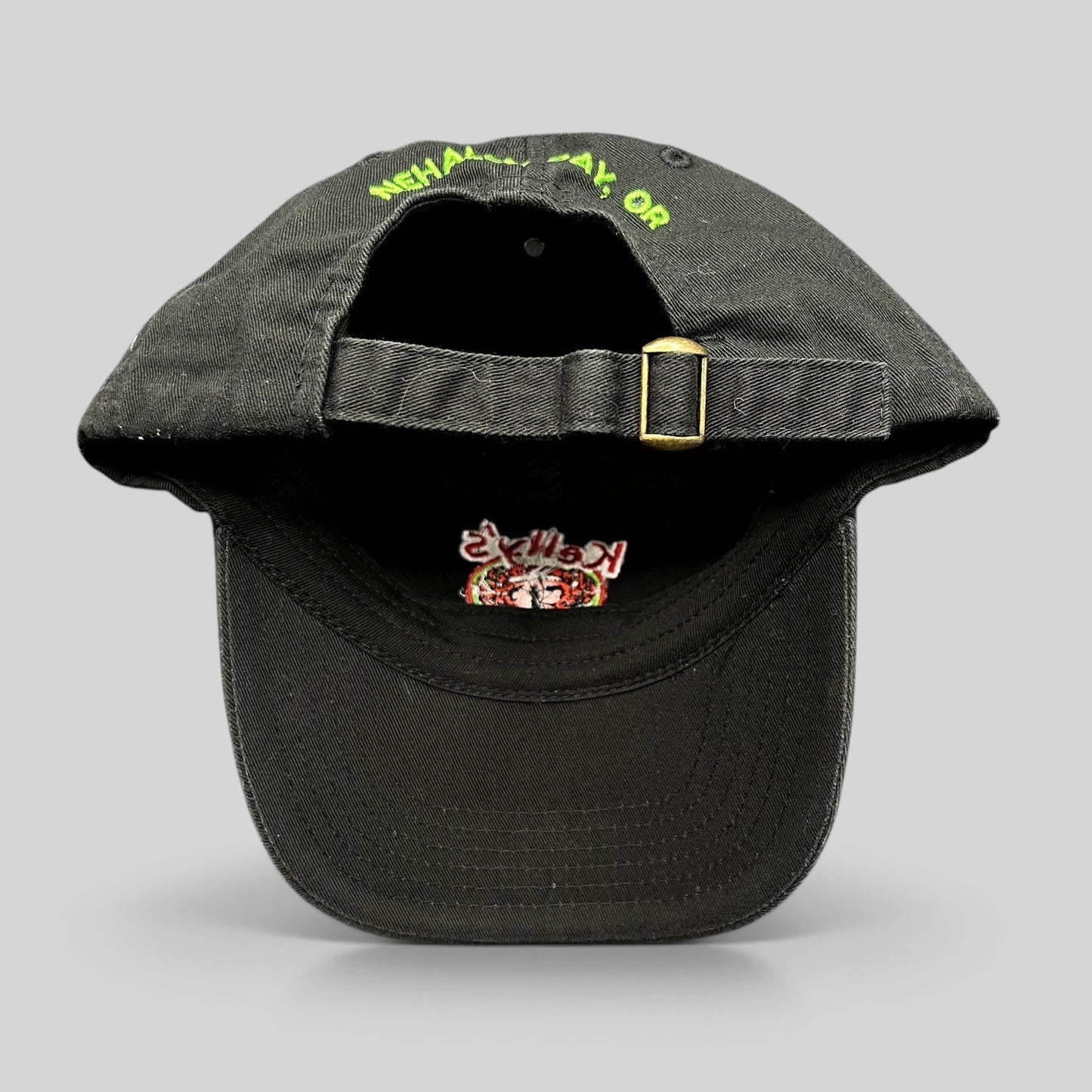Raree Finds black cotton strapback hat with Nehalem Bay, OR embroidery and adjustable brass buckle on back