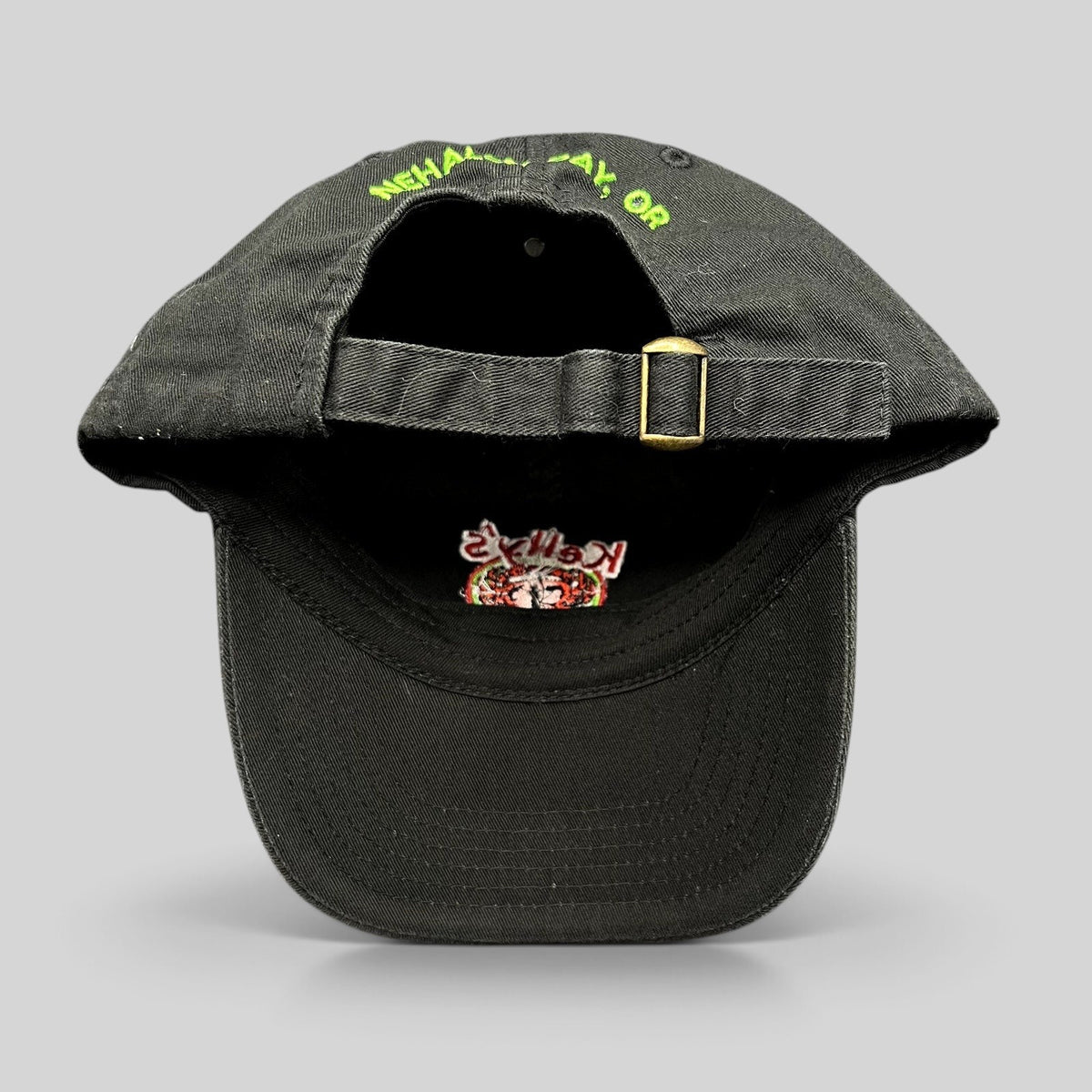 Raree Finds black cotton strapback hat with Nehalem Bay, OR embroidery and adjustable brass buckle on back