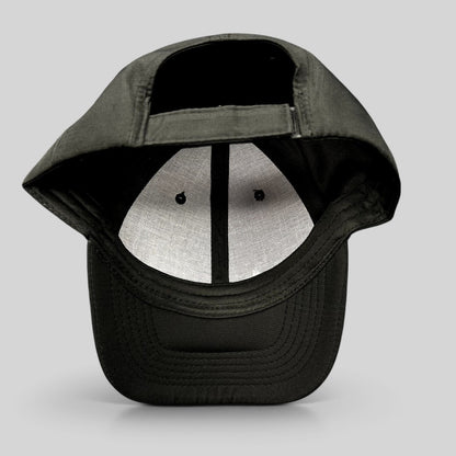 Raree Finds black strapback hat with adjustable fabric strap and unstructured polyester construction, back view.