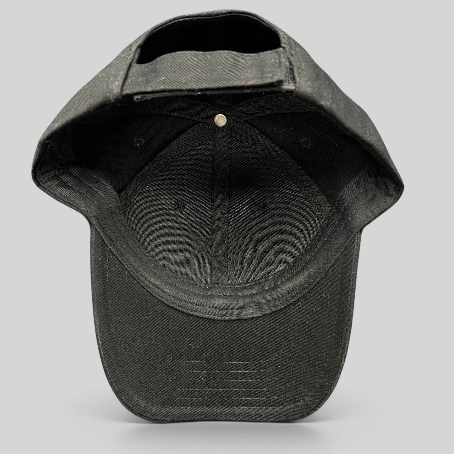 Raree Finds black The Boring Company strapback hat interior view showing adjustable closure and structured cotton crown
