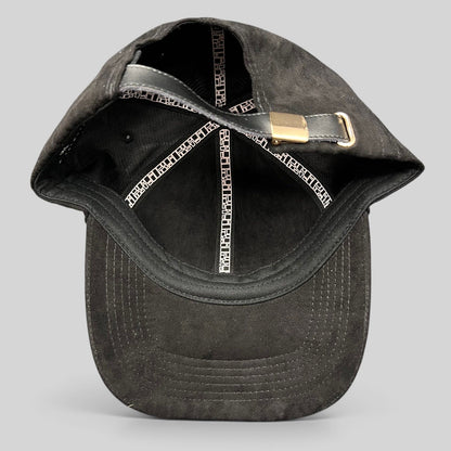 Raree Finds Metal Noir black unstructured strapback hat with leather strap and metal buckle, interior view