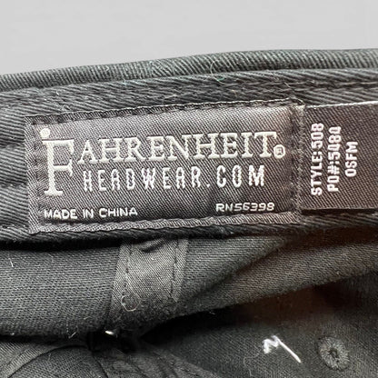 Raree Finds black cotton strapback hat interior label showing Fahrenheit Headwear branding and manufacturing details