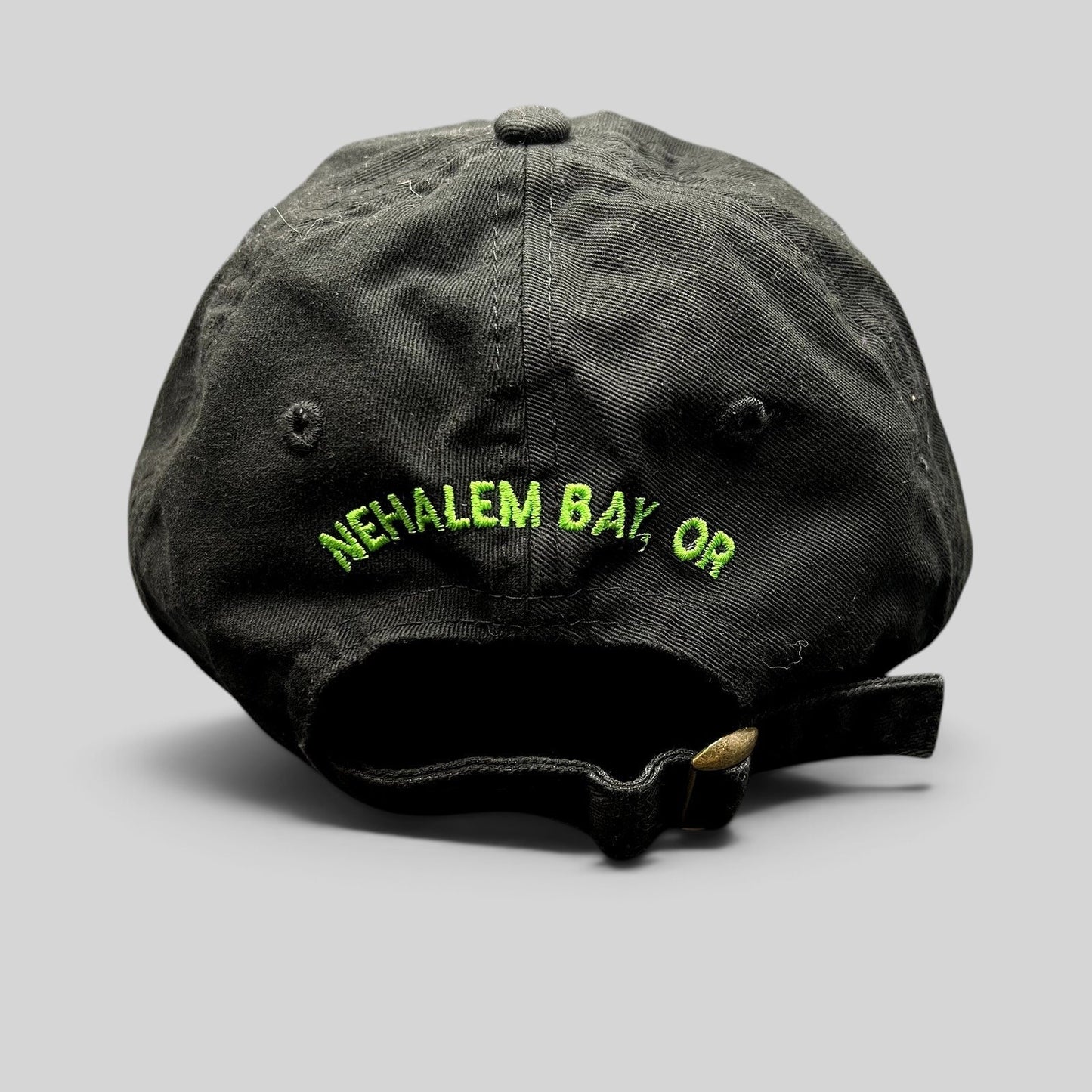 Raree Finds black cotton strapback hat with green Nehalem Bay OR embroidery on the back and brass buckle closure
