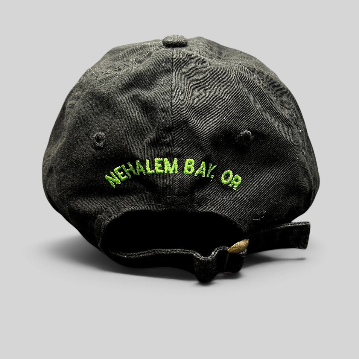 Raree Finds black cotton strapback hat with green Nehalem Bay OR embroidery on the back and brass buckle closure