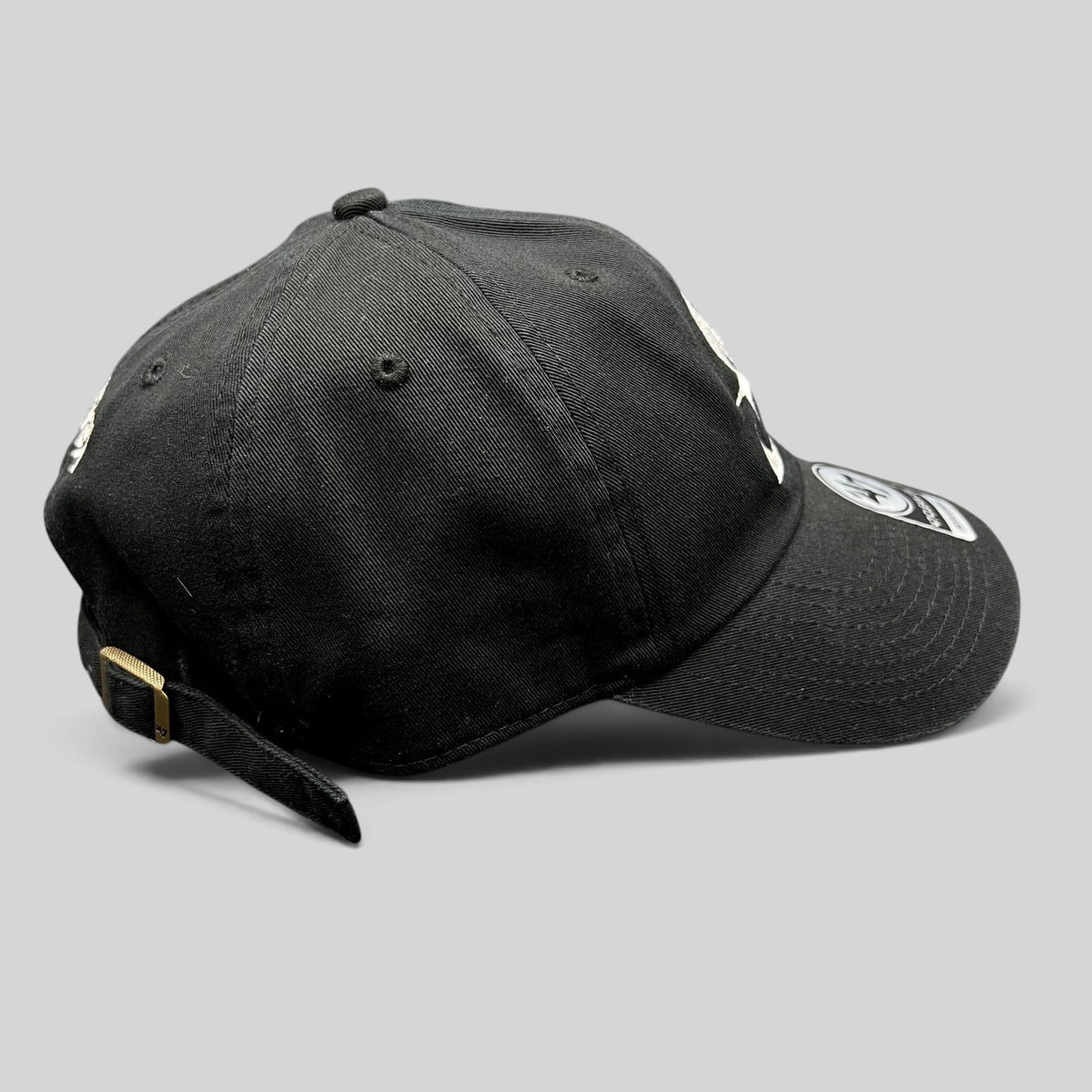 Raree Finds 47 Brand black cotton strapback hat with white S logo and adjustable metal buckle closure