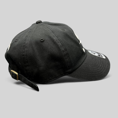 Raree Finds 47 Brand black cotton strapback hat with white S logo and adjustable metal buckle closure