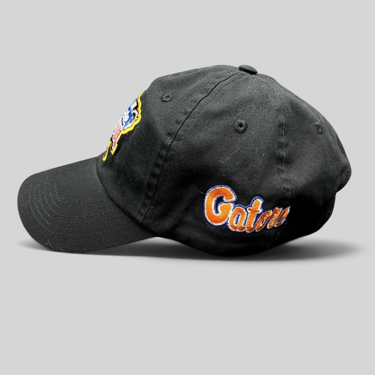 Raree Finds black Bayou Apparel strapback hat featuring an embroidered Sugar Bowl logo and Florida Gators side patch.