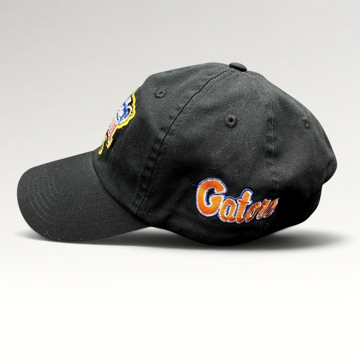 Raree Finds black Bayou Apparel strapback hat featuring an embroidered Sugar Bowl logo and Florida Gators side patch.