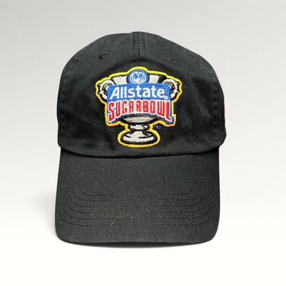 Raree Finds black Bayou Apparel strapback hat featuring an embroidered Allstate Sugar Bowl trophy logo on the front.