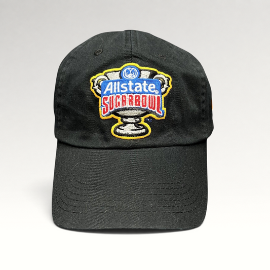 Raree Finds black Bayou Apparel strapback hat featuring an embroidered Allstate Sugar Bowl trophy logo on the front.