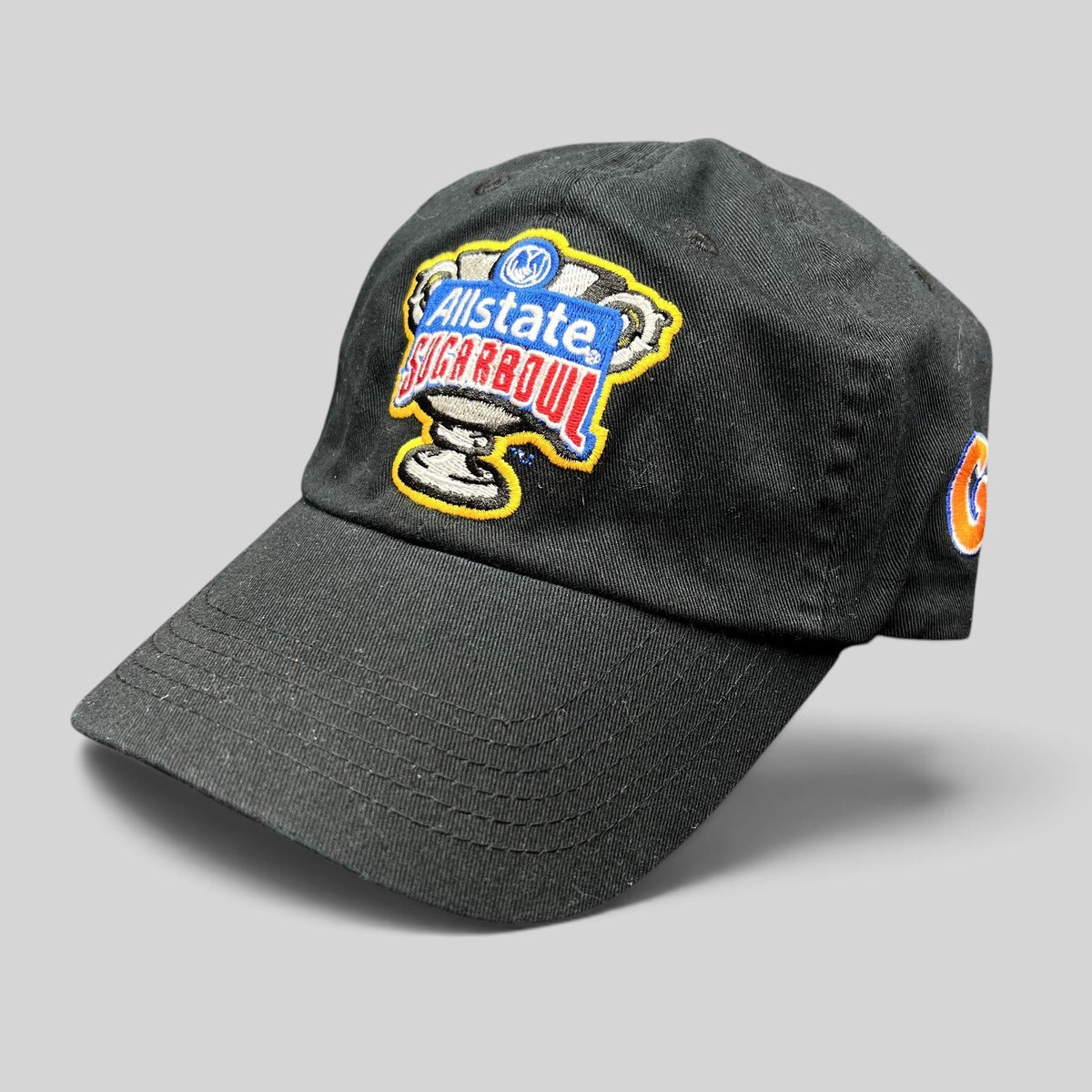 Raree Finds black strapback hat featuring an embroidered Allstate Sugar Bowl trophy logo and Florida Gators side patch