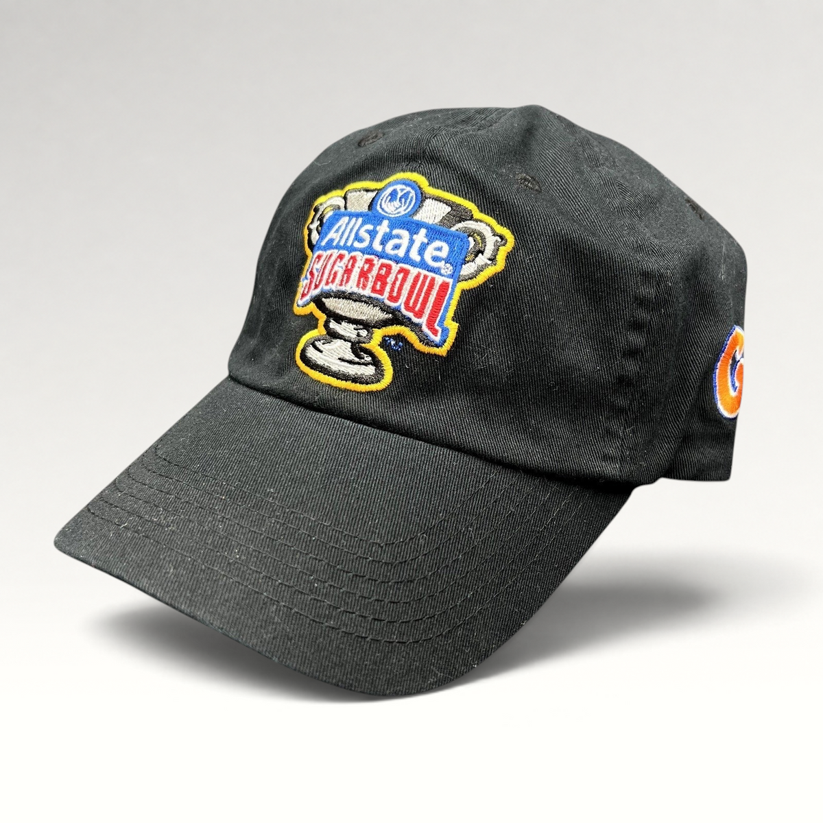 Raree Finds black strapback hat featuring an embroidered Allstate Sugar Bowl trophy logo and Florida Gators side patch