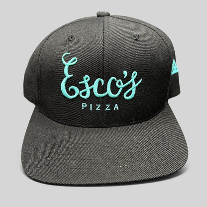 Raree Finds black snapback hat with teal Esco's Pizza script embroidery on the front and a flat brim