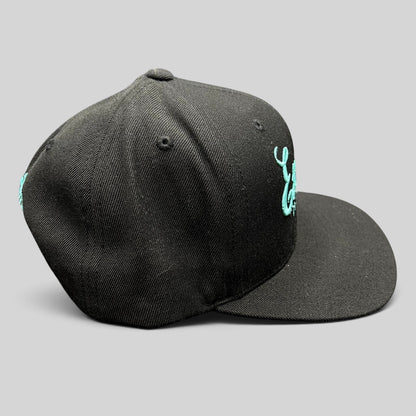 Raree Finds black snapback hat with teal Esco’s Pizza script embroidery and flat brim, side view