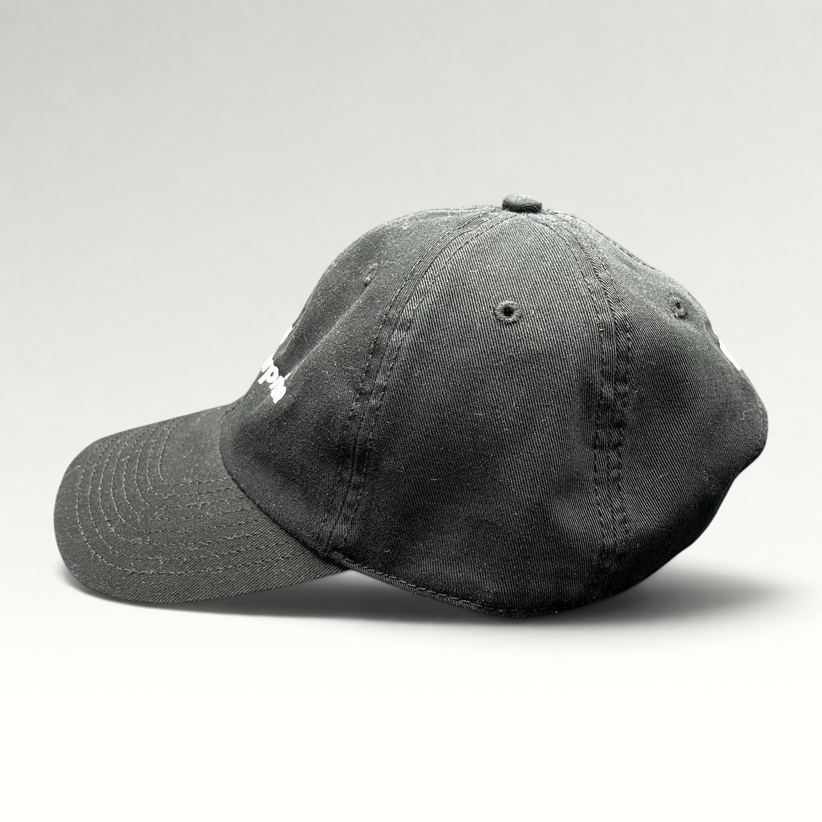 Raree Finds black TikTok US Enterprise Team strapback hat with curved brim and embroidered logo, side profile view.
