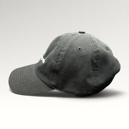 Raree Finds black TikTok US Enterprise Team strapback hat with curved brim and embroidered logo, side profile view.