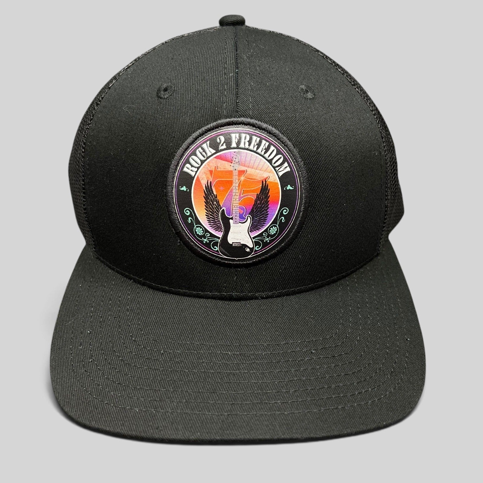 Raree Finds black In-N-Out Burger Rock 2 Freedom trucker hat with a winged guitar graphic patch and mesh back