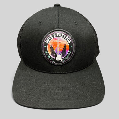 Raree Finds black In-N-Out Burger Rock 2 Freedom trucker hat with a winged guitar graphic patch and mesh back