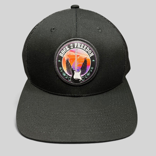 Raree Finds black In-N-Out Burger Rock 2 Freedom trucker hat with a winged guitar graphic patch and mesh back