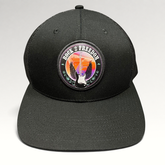 Raree Finds black In-N-Out Burger Rock 2 Freedom trucker hat with a winged guitar graphic patch and mesh back