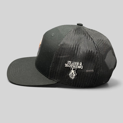 Raree Finds black In-N-Out Burger trucker hat with mesh back and Slave 2 Nothing embroidery on the side panel