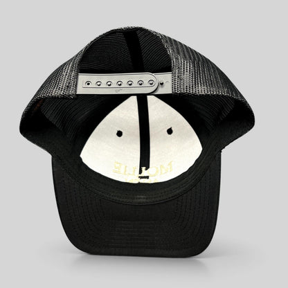 Raree Finds black Yupoong Classics trucker hat with adjustable snapback closure and breathable mesh back panels