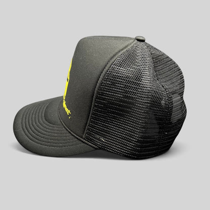 Raree Finds black foam trucker hat with yellow Ultra Specialized Equipment graphic, mesh back, and brim rope detail.