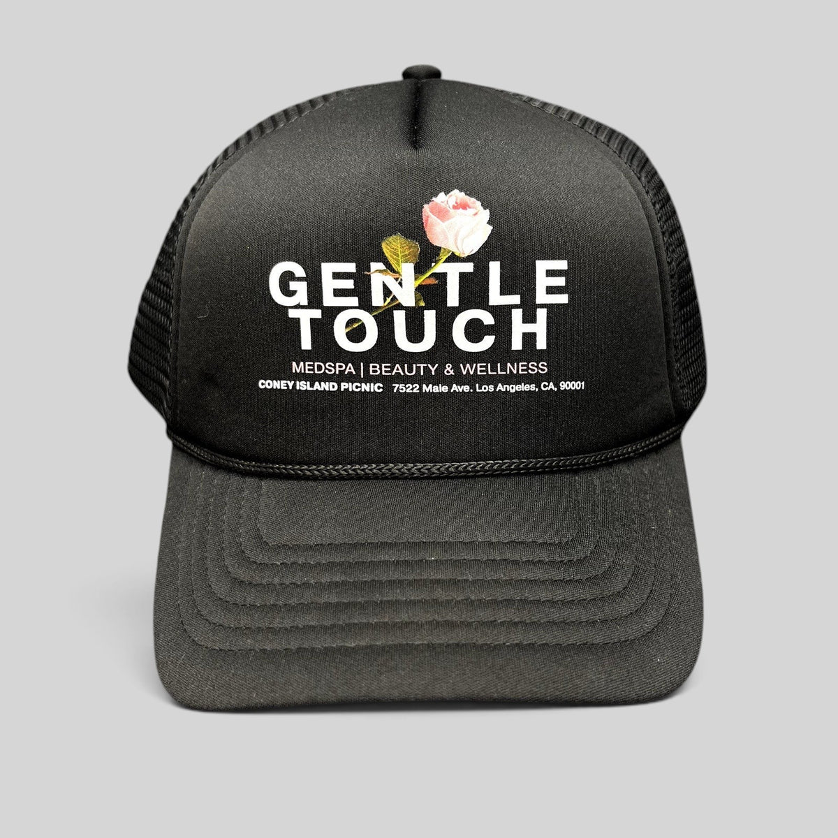 Raree Finds black foam trucker hat with Gentle Touch MedSpa rose graphic and adjustable snapback closure