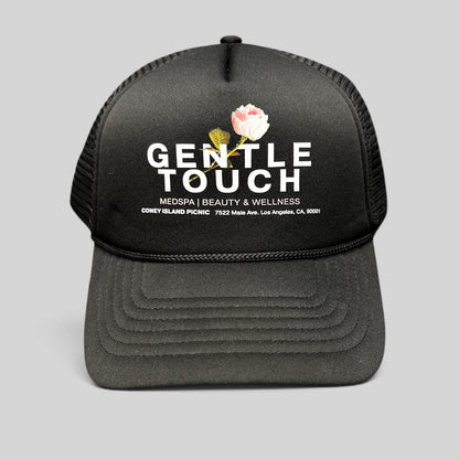 Raree Finds black foam trucker hat with Gentle Touch MedSpa rose graphic and adjustable snapback closure