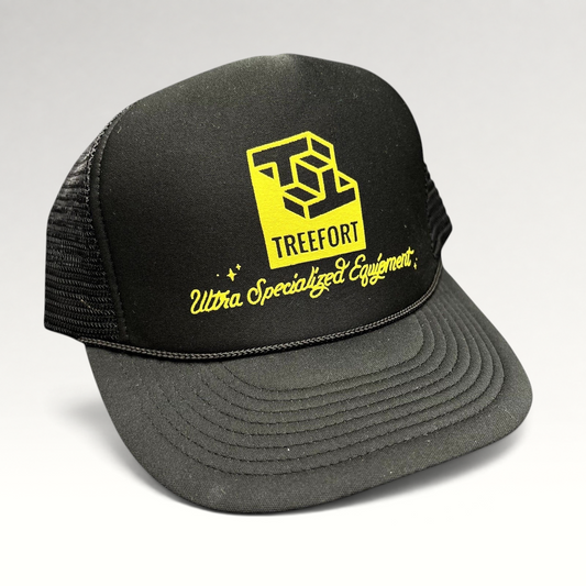 Raree Finds black trucker hat with yellow Treefort Ultra Specialized Equipment graphic and braided brim rope detail.