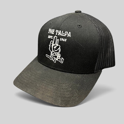 Raree Finds black Yupoong trucker snapback hat with white embroidered The Talpa Est. 1962 cactus mascot logo
