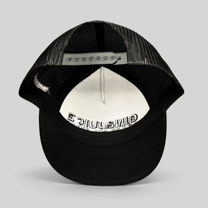 Raree Finds Gin & Juice black trucker snapback hat with mesh back and adjustable strap, interior view.