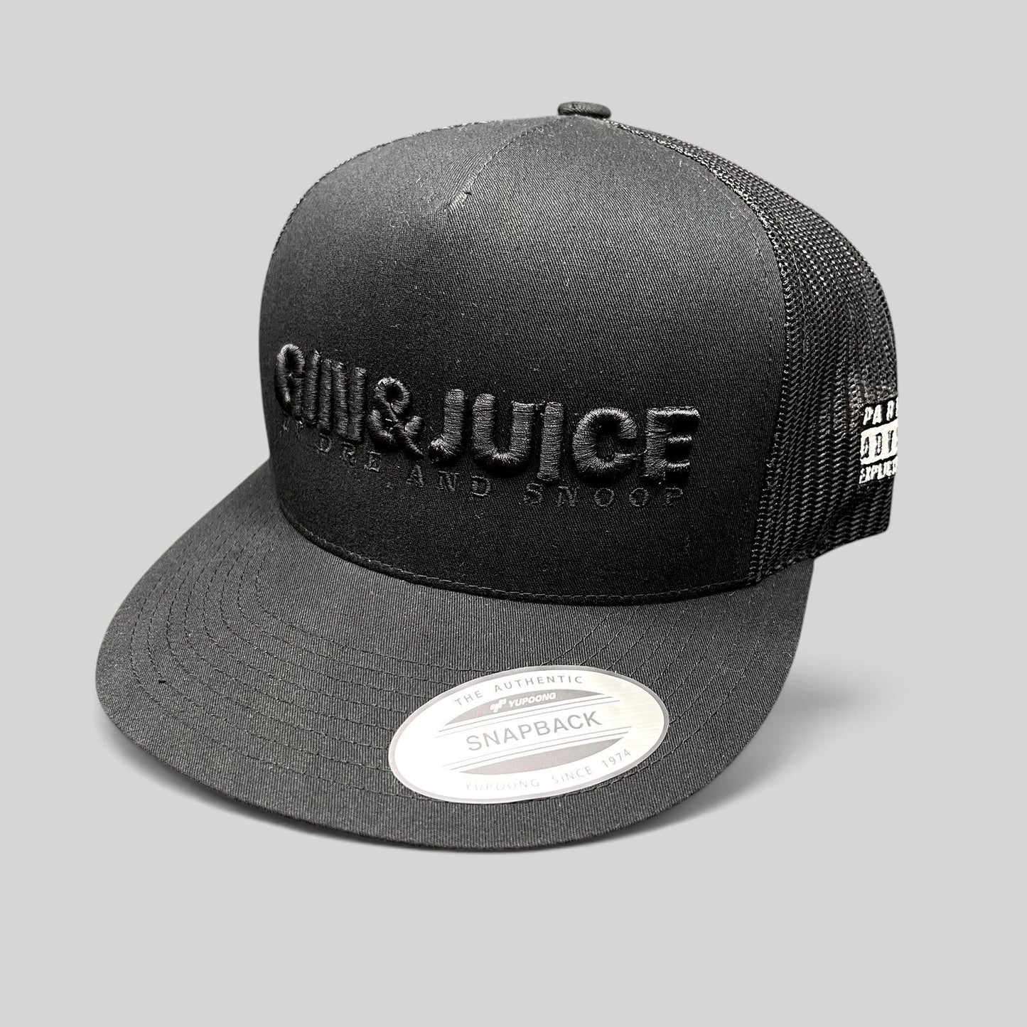 Raree Finds Gin & Juice black trucker snapback hat with raised tonal embroidery and breathable mesh back panels.