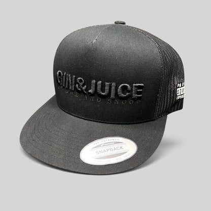 Raree Finds Gin & Juice black trucker snapback hat with raised tonal embroidery and breathable mesh back panels.