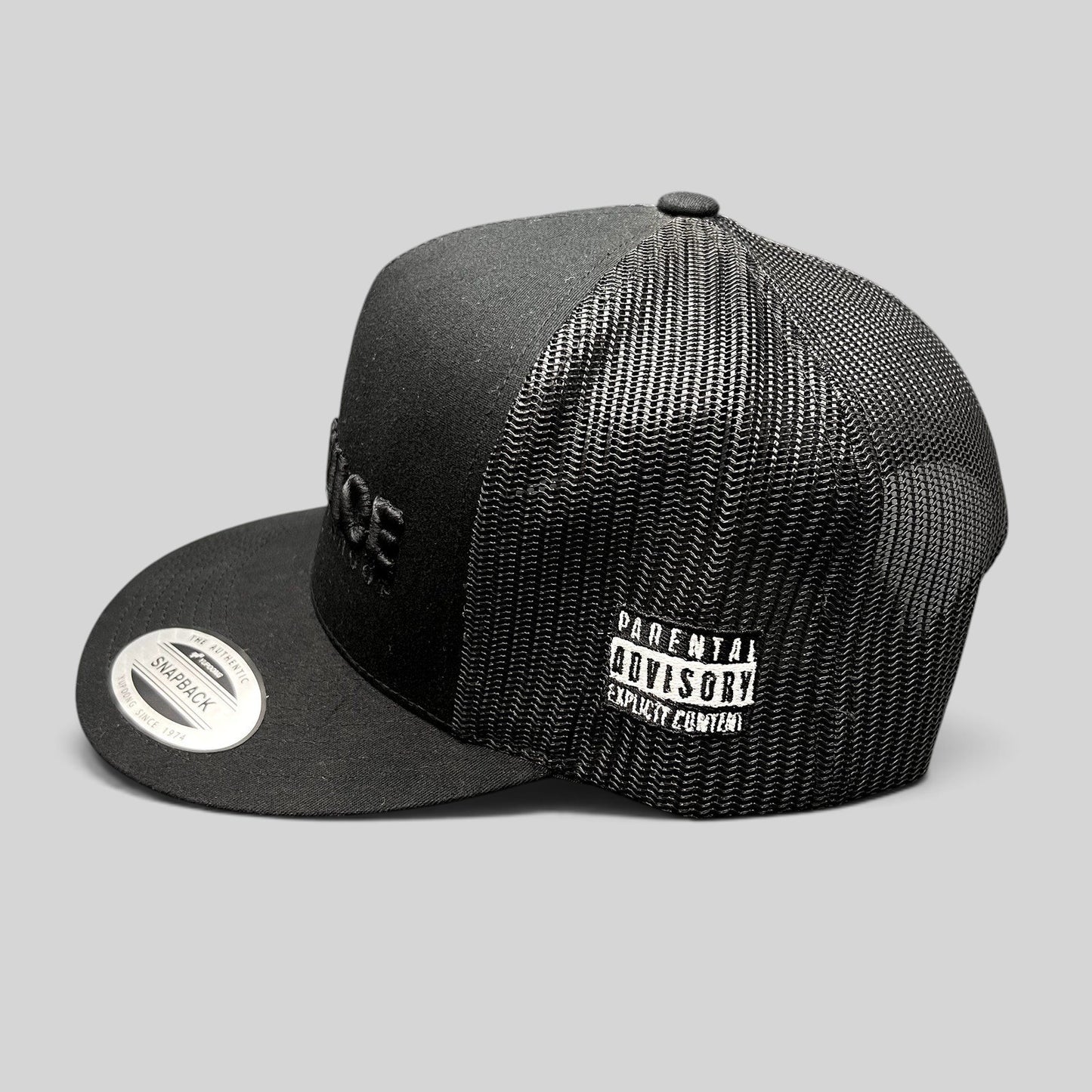 Raree Finds Gin & Juice black trucker snapback hat with tonal embroidery and Parental Advisory side patch