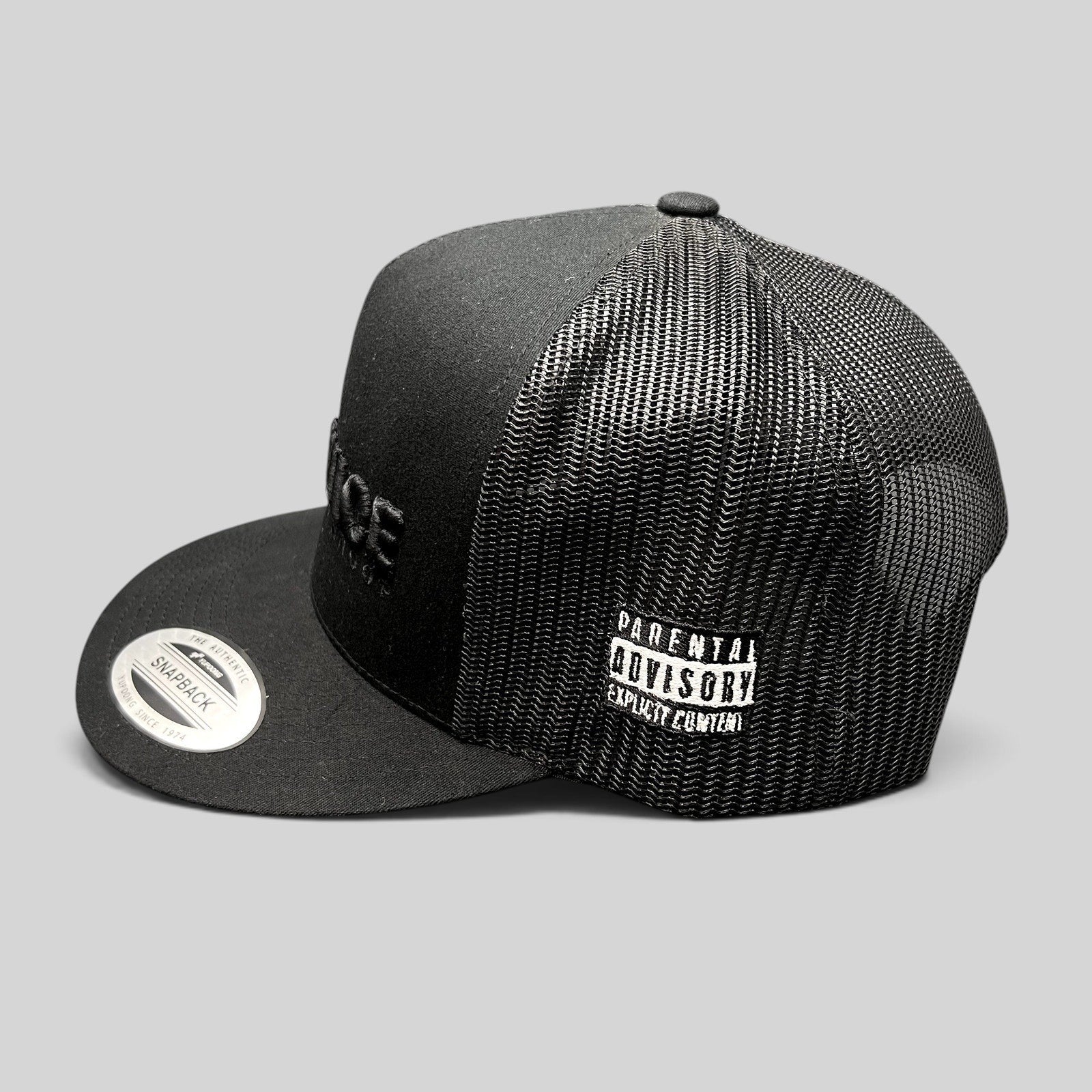 Raree Finds Gin & Juice black trucker snapback hat with tonal embroidery and Parental Advisory side patch