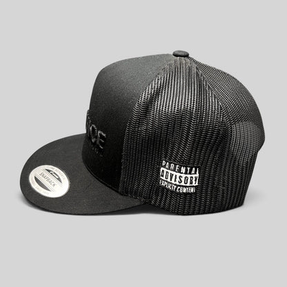 Raree Finds Gin & Juice black trucker snapback hat with tonal embroidery and Parental Advisory side patch