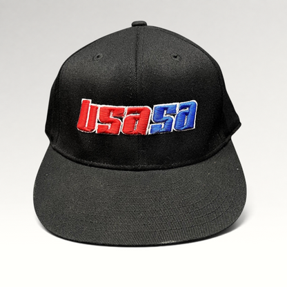Raree Finds black Flexfit hat featuring red and blue embroidered USA50 logo from 2011 USASA National Championships