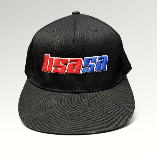 Raree Finds black Flexfit hat featuring red and blue embroidered USA50 logo from 2011 USASA National Championships
