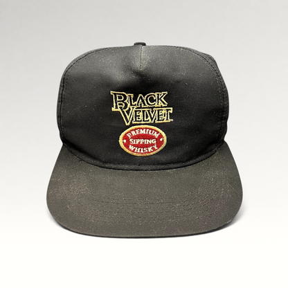 Raree Finds vintage black snapback hat featuring embroidered Black Velvet Premium Blended Whisky logo and crest