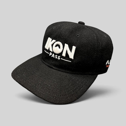 Raree Finds black wool-blend Ikon Pass strapback hat with white embroidered logo for skiing and snowboarding
