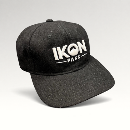 Raree Finds black wool-blend Ikon Pass strapback hat with white embroidered logo for skiing and snowboarding