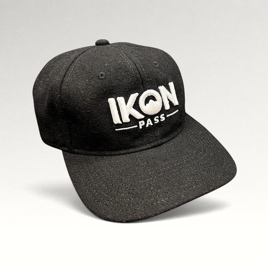 Raree Finds black wool-blend Ikon Pass strapback hat with white embroidered logo for skiing and snowboarding