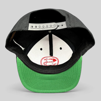 Raree Finds black Yupoong snapback hat with green brim and interior embroidered logo detail