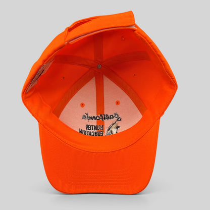 Raree Finds blaze orange California Hunter Education cap showing the interior structured crown and embroidered logo