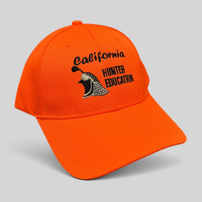 Raree Finds blaze orange California Hunter Education cap with embroidered quail graphic and structured crown.